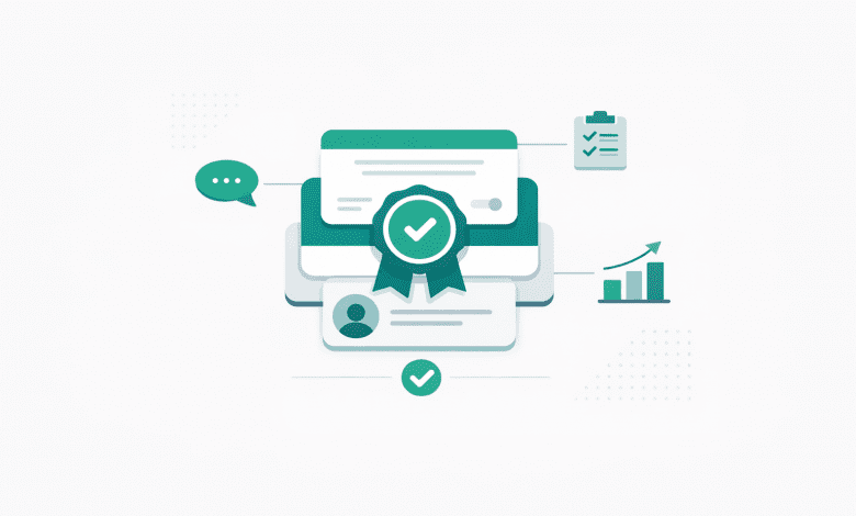 Illustration of skill cards and a verified badge connected to icons