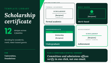 Editorial template library showing four scholarship certificate design families: formal academic, merit-based, undergraduate, and achievement, with verifiable digital variant for committee verification
