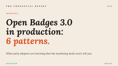 Open Badges 3.0 in production: 6 patterns from early adopters 13 Editorial cover: Open Badges 3.0 in production. 6 patterns from early adopters. What the marketing decks won't tell you. The Credential Report No. 14