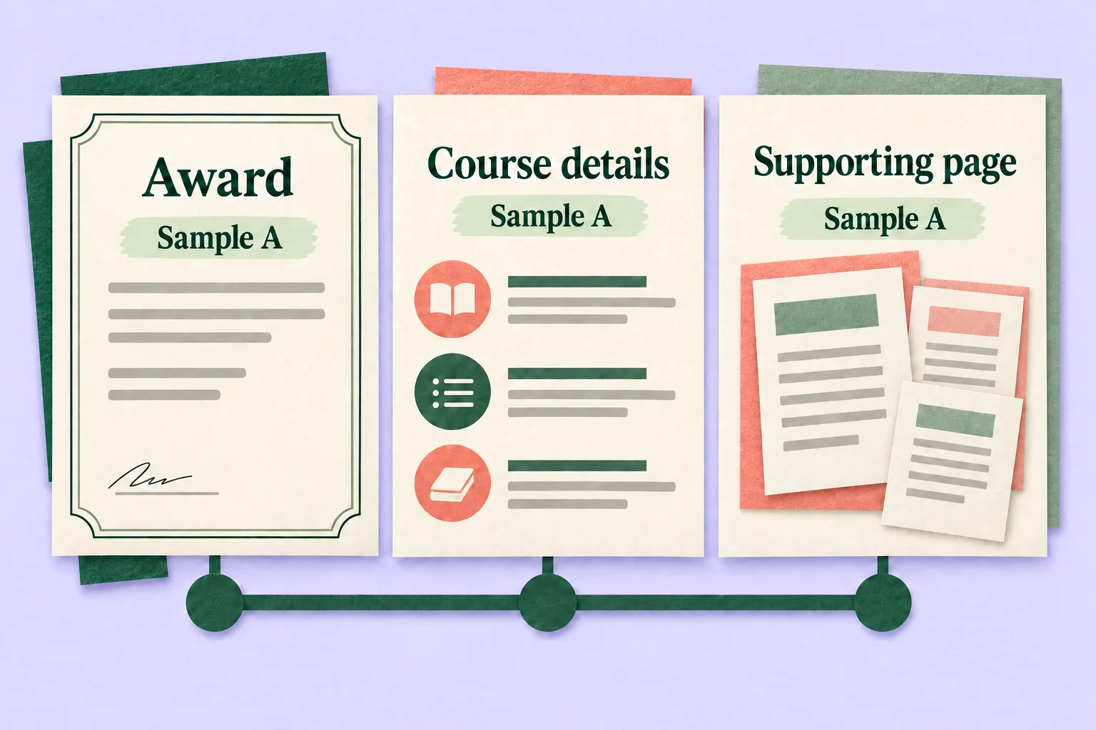 Multi-page certificates: keep every page tied to the right award 2 The award, course details and supporting page share the same Sample A reference.