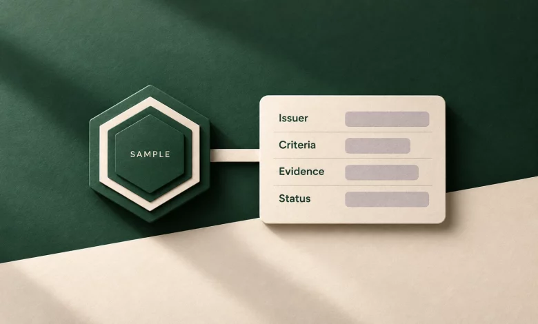A sample badge connected to its issuer, criteria, evidence and status record
