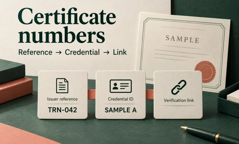 Certificate numbers and verification links: a training team guide 1 Cream cards on forest green distinguish an issuer reference, a credential ID and a verification link