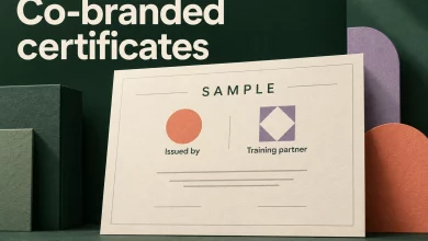 Cream paper certificate on forest green separates the issuer from the training partner with clear role labels