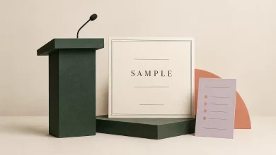 A forest-green conference lectern beside a cream sample certificate and session agenda