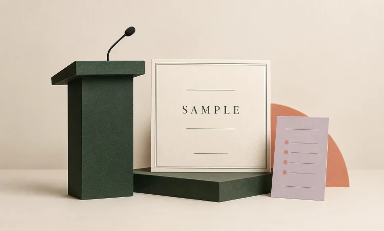 A forest-green conference lectern beside a cream sample certificate and session agenda