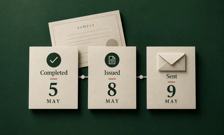 Three cream cards on forest green show the sample sequence: completed May 5, issued May 8 and sent May 9