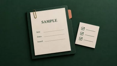 A cream sample employment document with role, dates and issue fields beside a review checklist on a forest-green folder