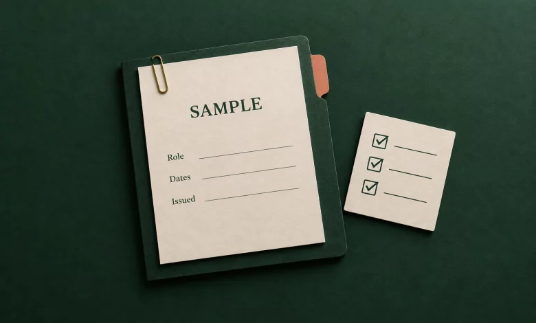 A cream sample employment document with role, dates and issue fields beside a review checklist on a forest-green folder