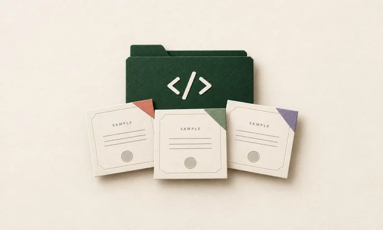 A green project folder with three individual sample certificates in cream paper