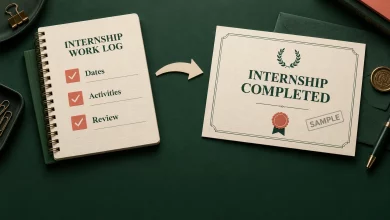 Cream internship work log with checked dates, activities and review beside a sample completion certificate on forest green