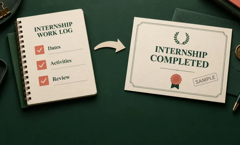 Cream internship work log with checked dates, activities and review beside a sample completion certificate on forest green