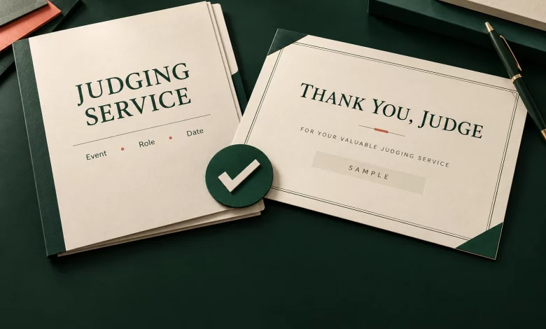 Cream judging service folder and sample thank-you certificate on a forest green paper surface