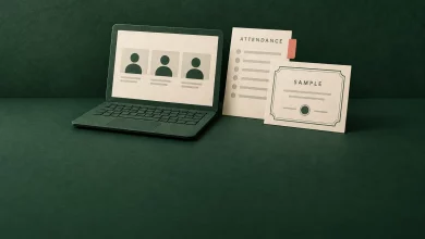 A forest-green paper laptop beside an attendance report and cream sample webinar certificate