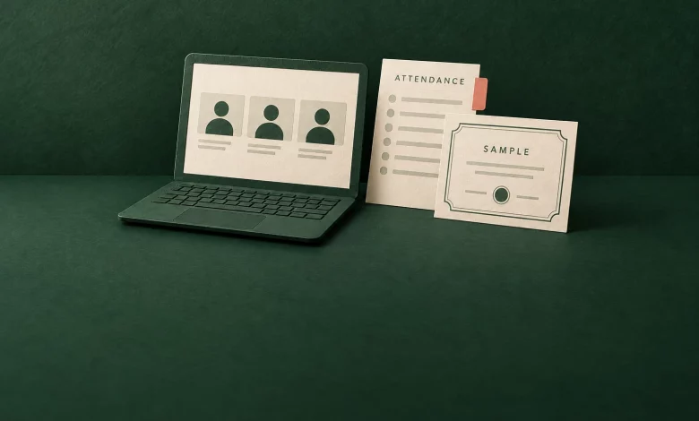 A forest-green paper laptop beside an attendance report and cream sample webinar certificate