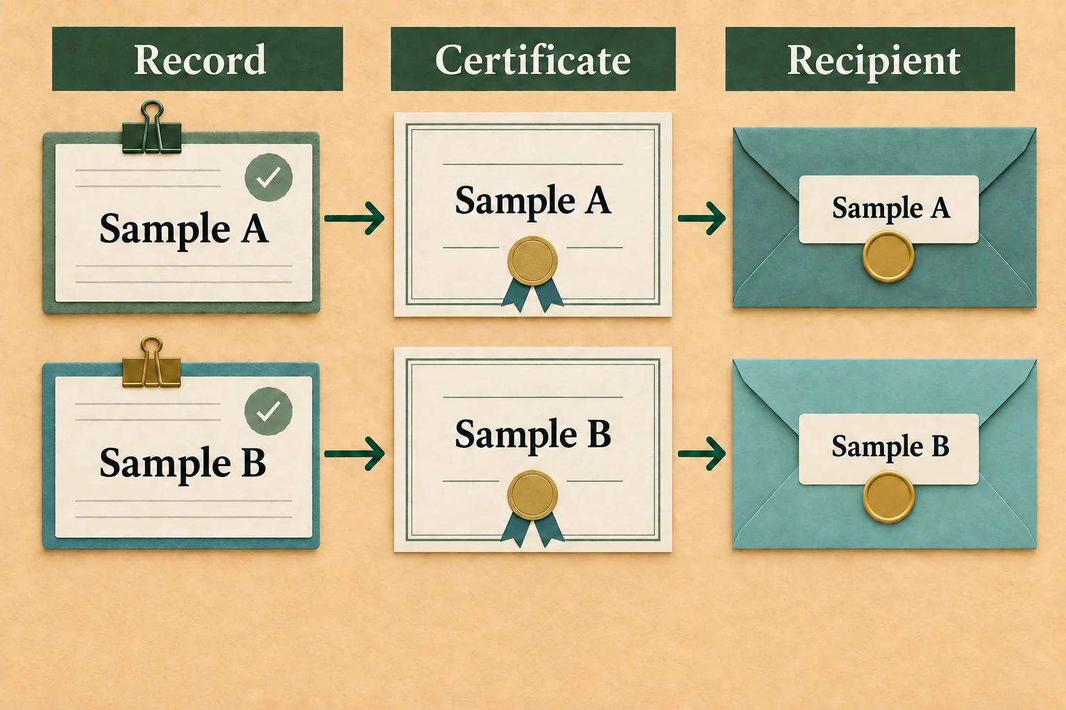 Bulk certificate downloads: check the batch before distribution 2 Match each record to its certificate and intended recipient before distribution.