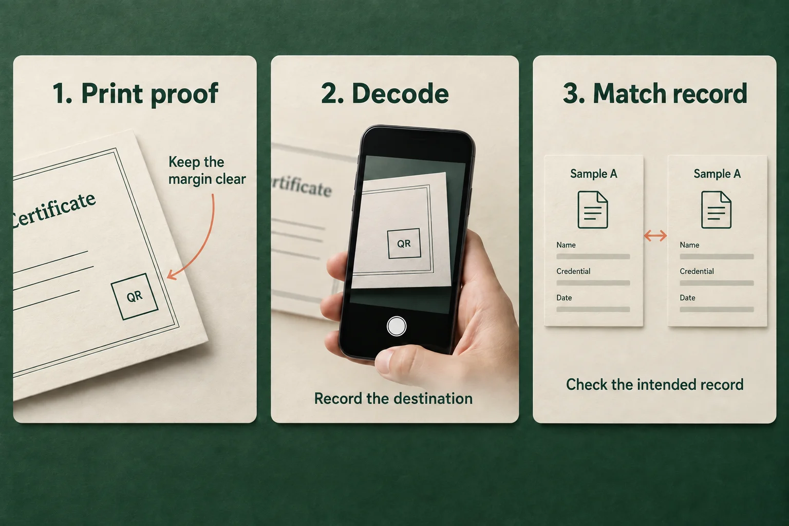 Separate checks for printed output, decoded destination and the correct credential record