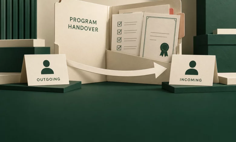 Cream program handover folder with checklist and outgoing and incoming role cards on forest green paper