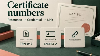 Cream cards on forest green distinguish an issuer reference, a credential ID and a verification link