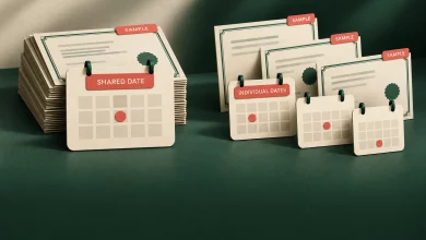 Sample certificates grouped under one shared calendar and separate individual calendars on cream and forest green paper