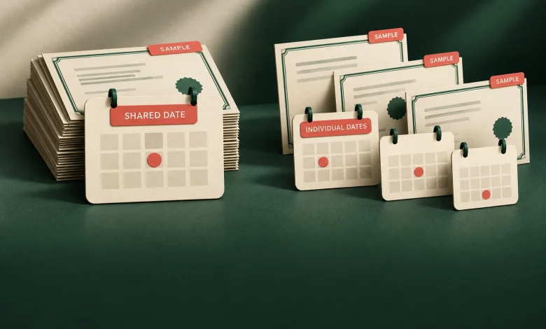Certificate expiry dates: shared deadlines or individual dates? 1 Sample certificates grouped under one shared calendar and separate individual calendars on cream and forest green paper