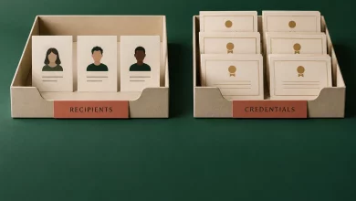 Cream paper trays labelled recipients and credentials compare three people with six award records