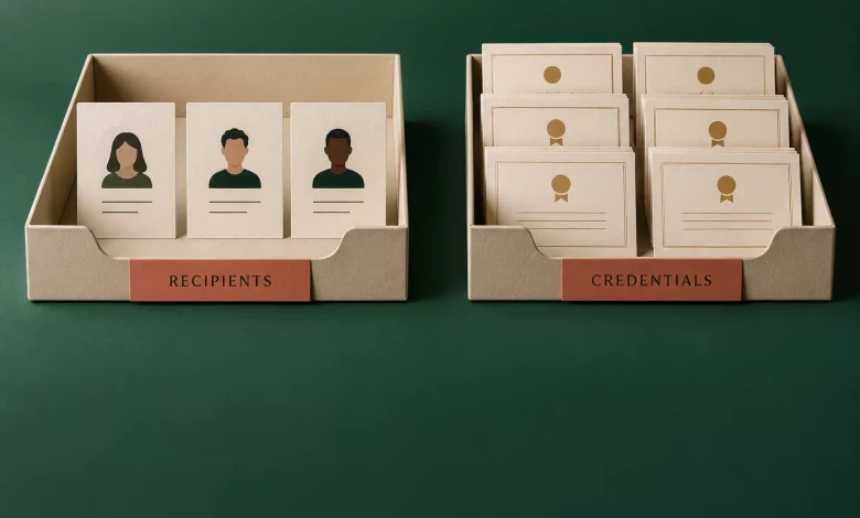 Recipients vs credentials: how to compare issuance limits 1 Cream paper trays labelled recipients and credentials compare three people with six award records
