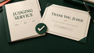 Cream judging service folder and sample thank-you certificate on a forest green paper surface