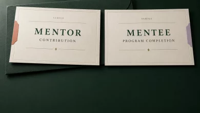 Two cream sample certificates labelled mentor contribution and mentee program completion on forest green paper
