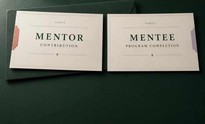Two cream sample certificates labelled mentor contribution and mentee program completion on forest green paper
