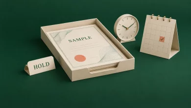 A SAMPLE certificate in a paper tray beside a clock, checked calendar and HOLD sign
