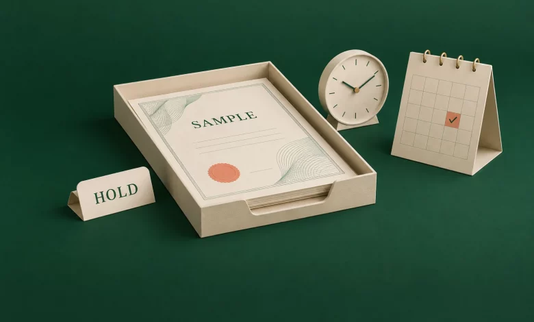 Scheduled certificate delivery: what to check before the send time 1 A SAMPLE certificate in a paper tray beside a clock, checked calendar and HOLD sign