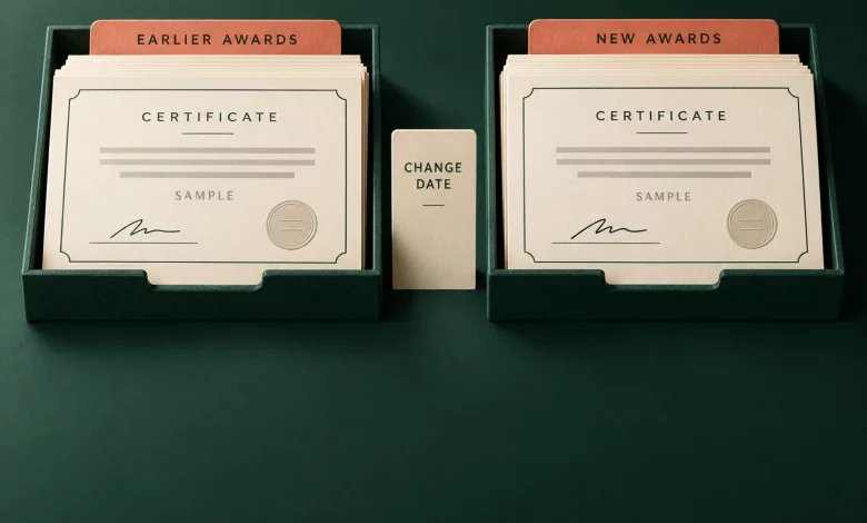 Changing the signatory on a certificate: a transition checklist 1 Cream sample certificates in earlier and new award trays with a change date divider on forest green paper