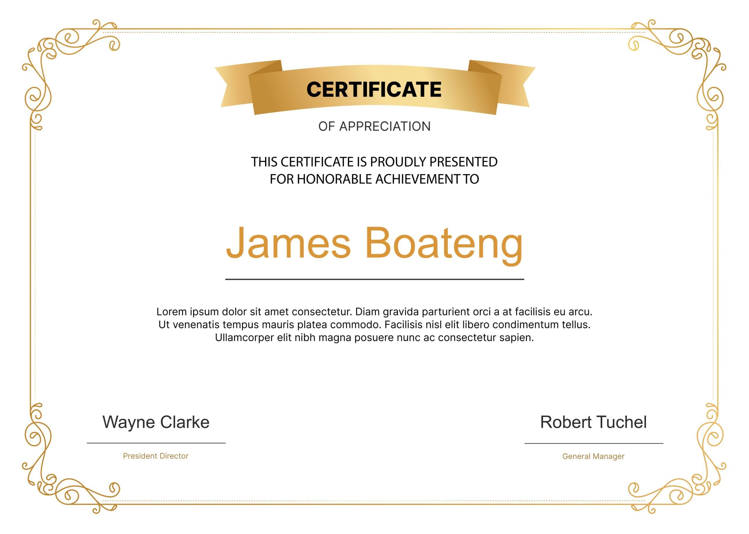 23 certificate of appreciation examples, templates and wording 12 Golden Swirls Honorable Achievement Certificate of Appreciation Examples