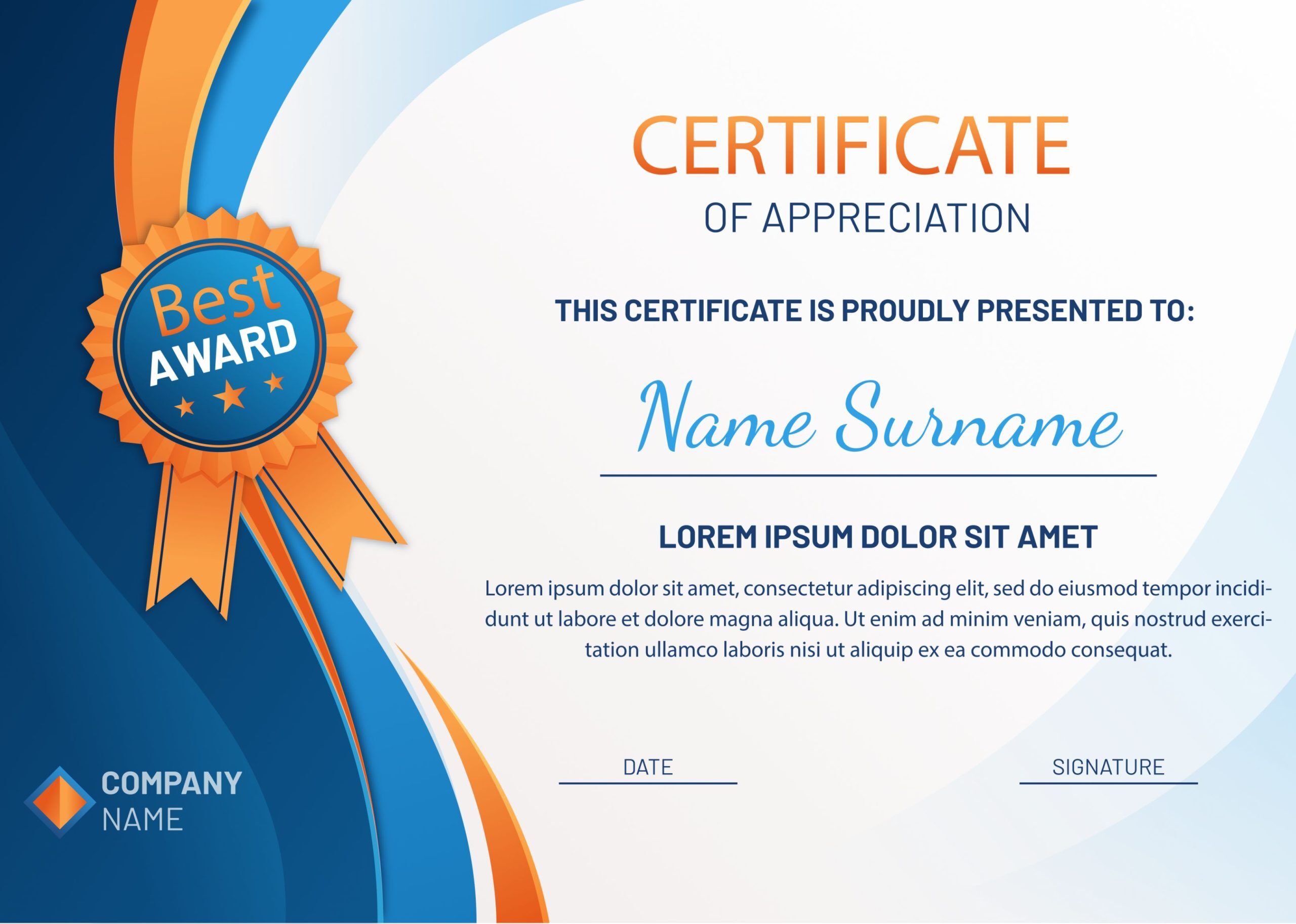 23 certificate of appreciation examples, templates and wording 13 Blue and Orange Ribbon Certificate of Appreciation Examples