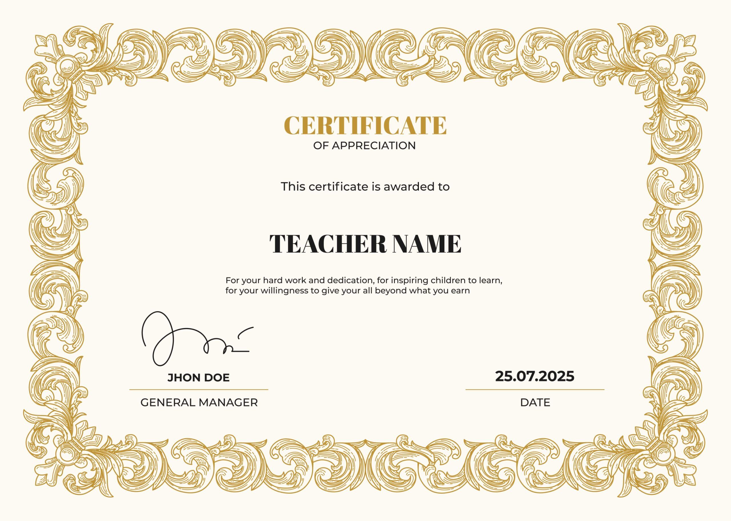 23 certificate of appreciation examples, templates and wording 22 Golden Swirl Detailing Certificate of Appreciation for Teachers