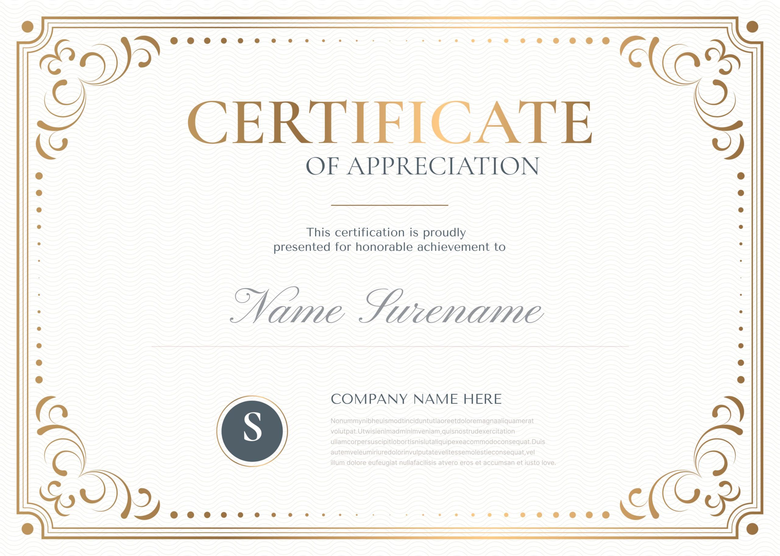23 certificate of appreciation examples, templates and wording 5 White and Gold Ornate Swirls Certificate of Appreciation Examples