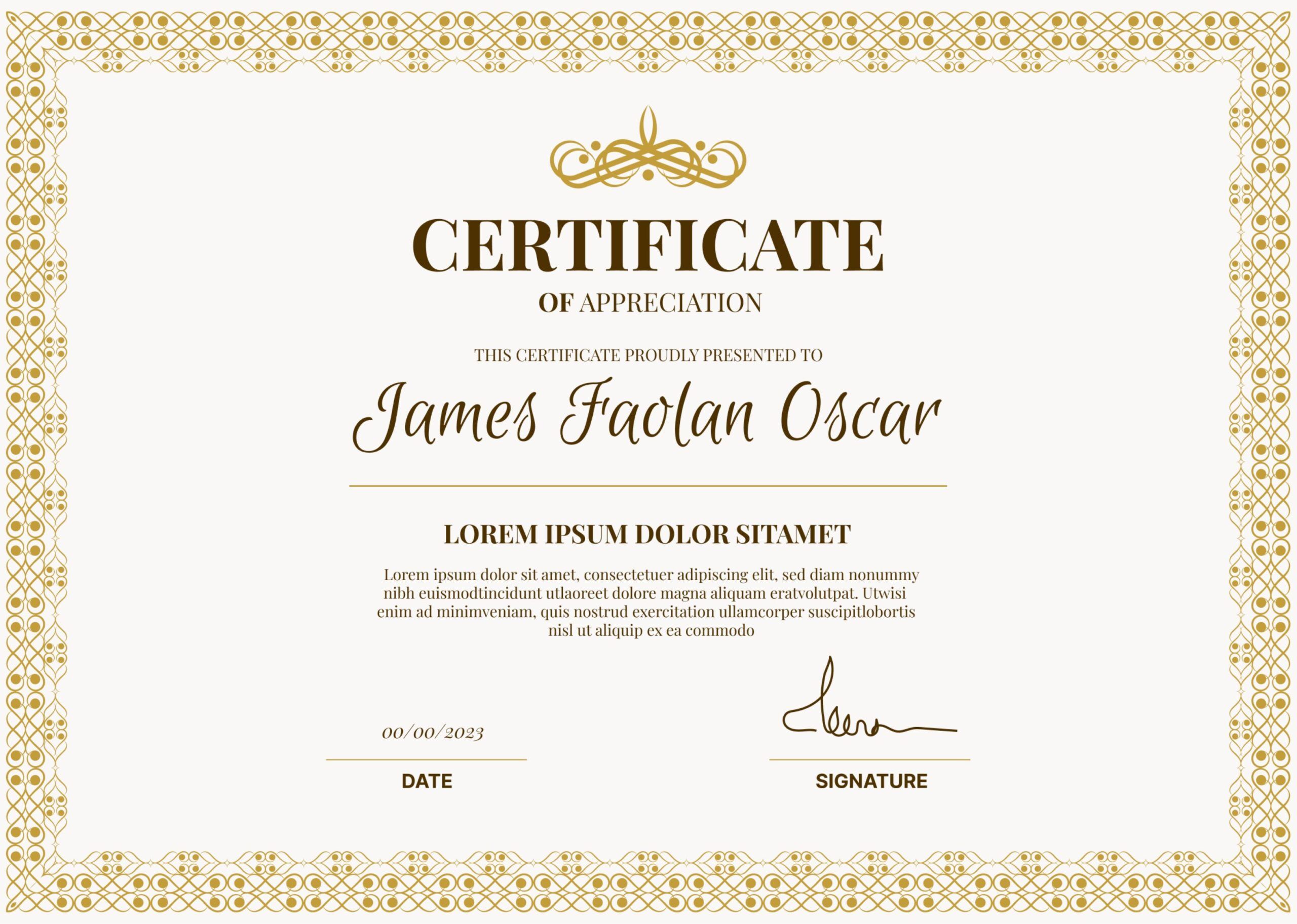 23 certificate of appreciation examples, templates and wording 8 Golden Ornate Classical Certificate of Appreciation Examples
