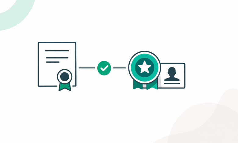 Appreciation Template Pack (US): Recognition Messages + Certificate Templates + Digital Badge Option 1 Minimal illustration of a certificate and digital badge with verification check