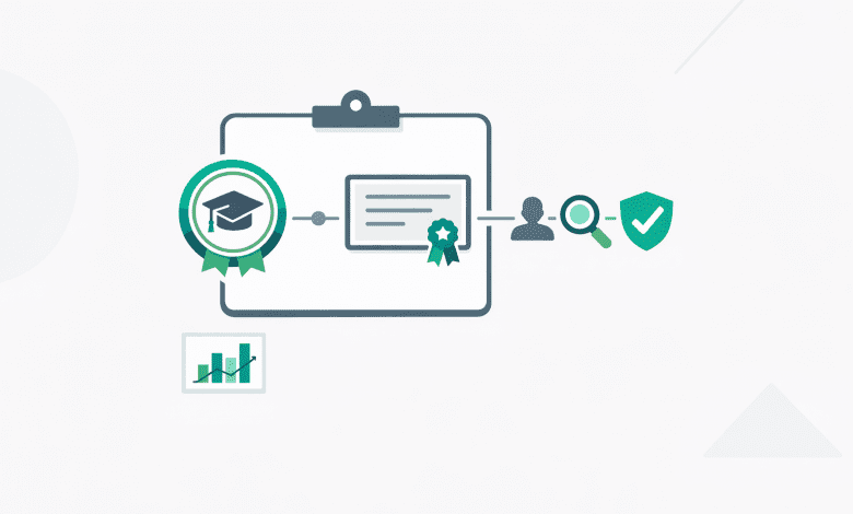 Credly Alternatives for Digital Credentials: A Requirements Checklist and Evaluation Scorecard 1 Digital badge and certificate icons connected to a verification check