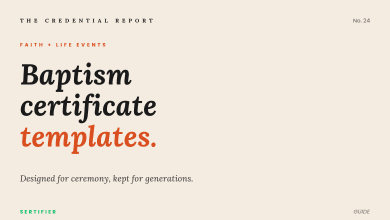 Editorial cover: baptism certificate templates. Designed for ceremony, kept for generations. The Credential Report No. 24