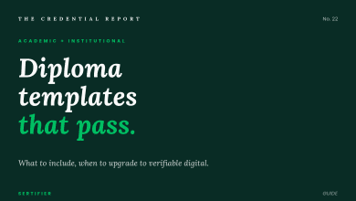Editorial cover dark: diploma templates that pass. What to include, when to upgrade to verifiable digital. The Credential Report No. 22