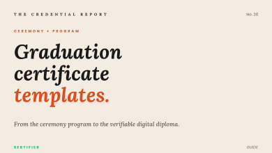 Editorial cover: graduation certificate templates. From the ceremony program to the verifiable digital diploma. The Credential Report No. 20