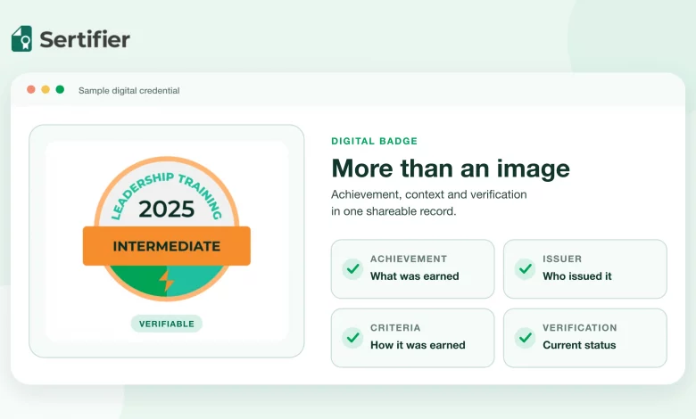 Sertifier sample digital badge displayed with achievement, issuer, criteria and verification fields.