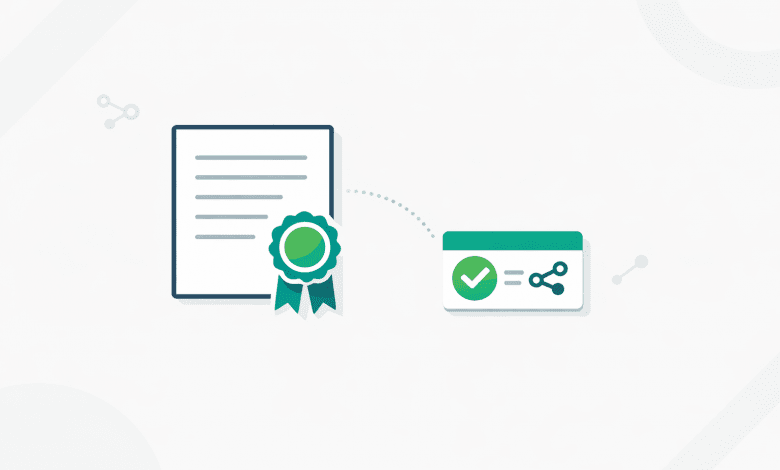 Illustration of a certificate and digital badge connected by verification nodes