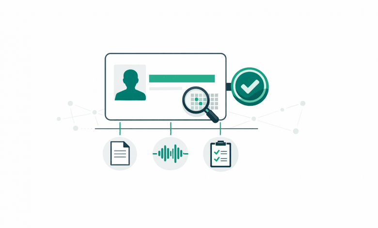 Digital credential with linked evidence icons and verification magnifier illustration