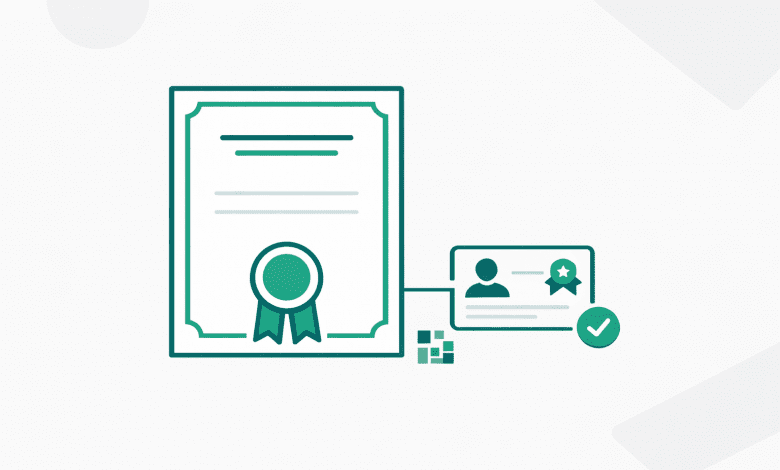 Certificate of Appreciation Template (US): Make Recognition Shareable and Verifiable 1 Minimal certificate and badge illustration connected by a verification link icon