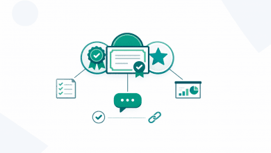 Development Goals for Work: How to Turn Professional Growth Into Verifiable Skills 7 Illustration of digital badges linked to evidence artifacts and verification checkmark