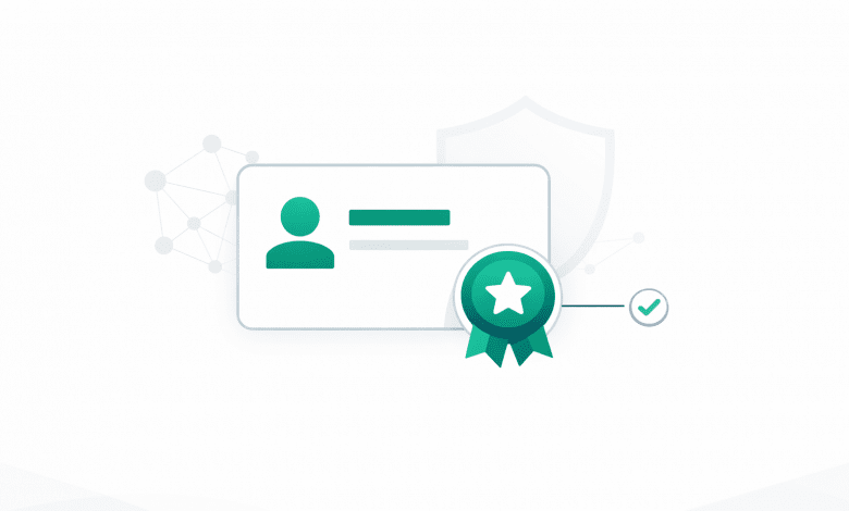 Digital credential card and badge with verification checkmark on white