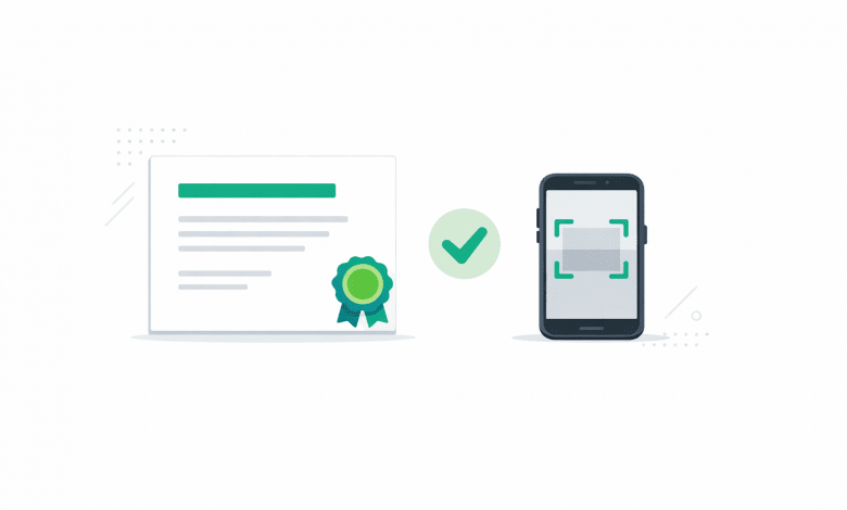 Illustration of a certificate and QR verification on a phone