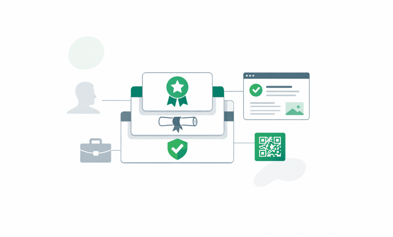 Digital Credentials: A US Guide to Issuing, Managing, and Verifying (with a Program Blueprint) 1 Illustration of credential cards connected to a verification page and QR tile